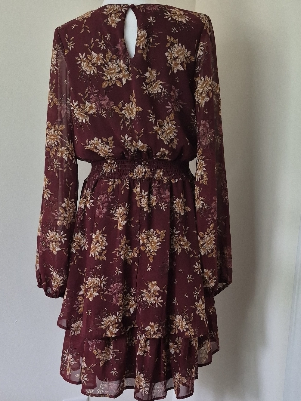 Japna Burgundy Floral Tie-Waist Long-Sleeve Dress Size XL - Picture 3 of 10